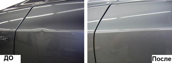 Фото примера ремонта вмятины на двери авто