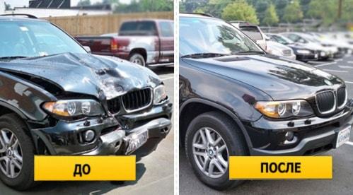 Фото до и после ремонта капота и бампера BMW